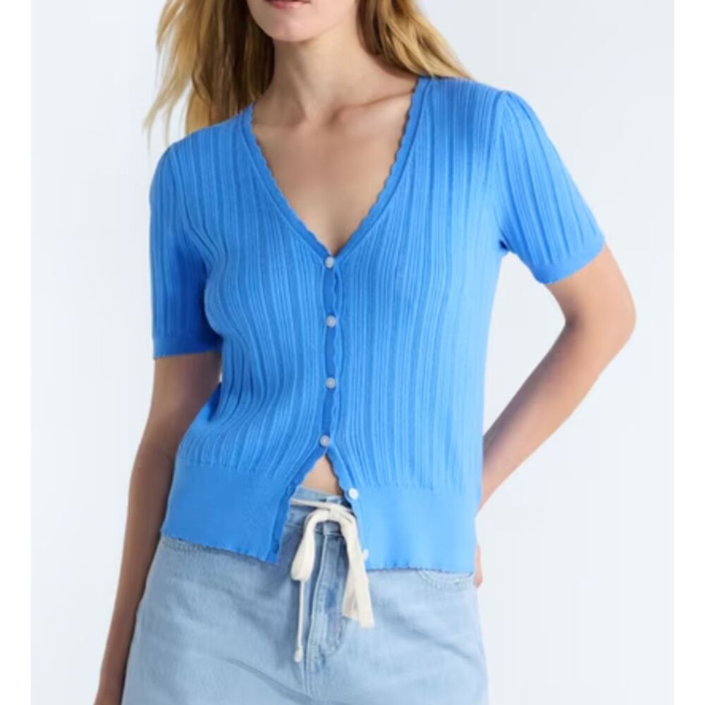 Free Assembly Women's Pointelle Cardigan Sweater with Short Sleeves